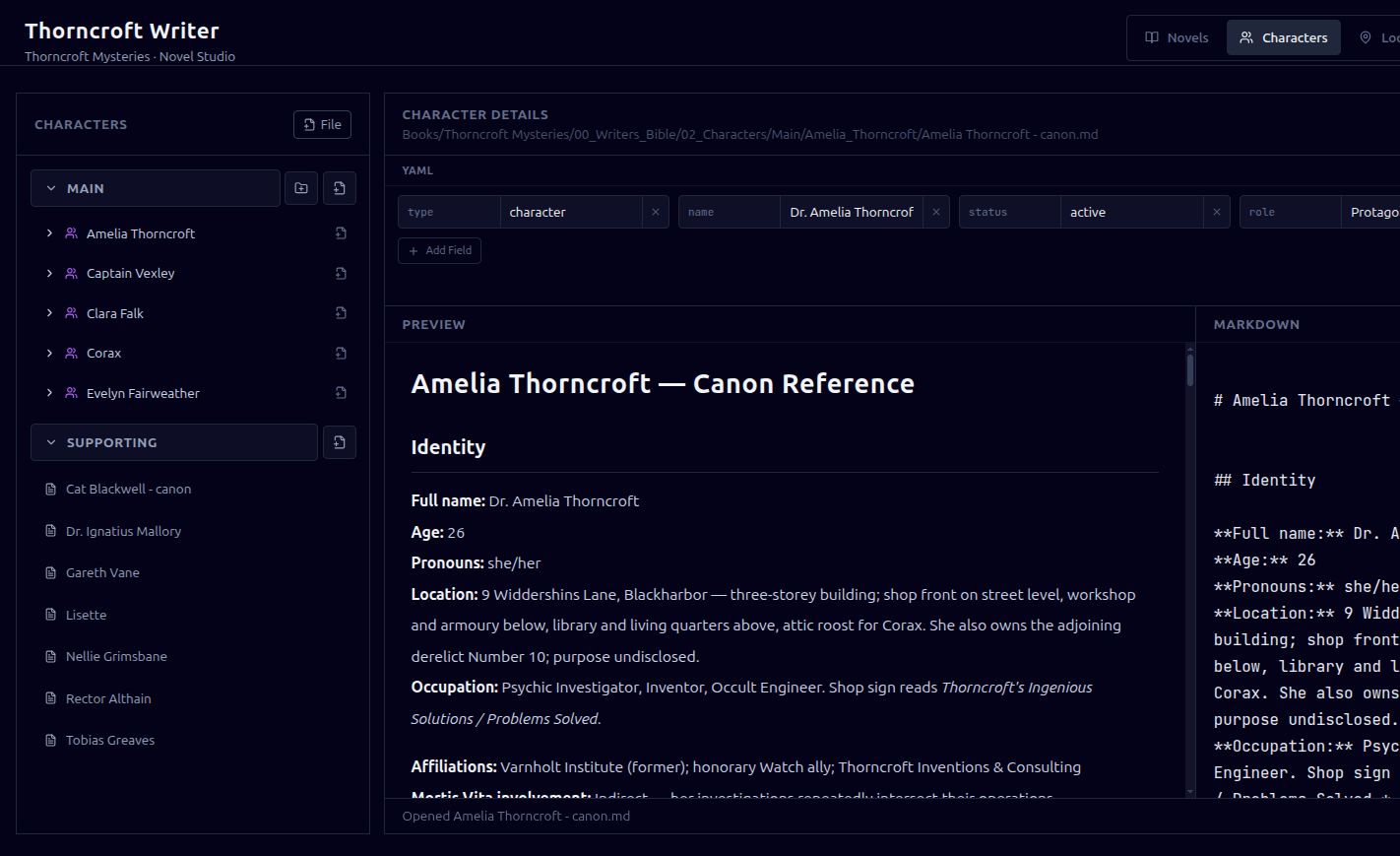 A character reference file open in ObsidianWriter with rendered preview and Markdown side by side