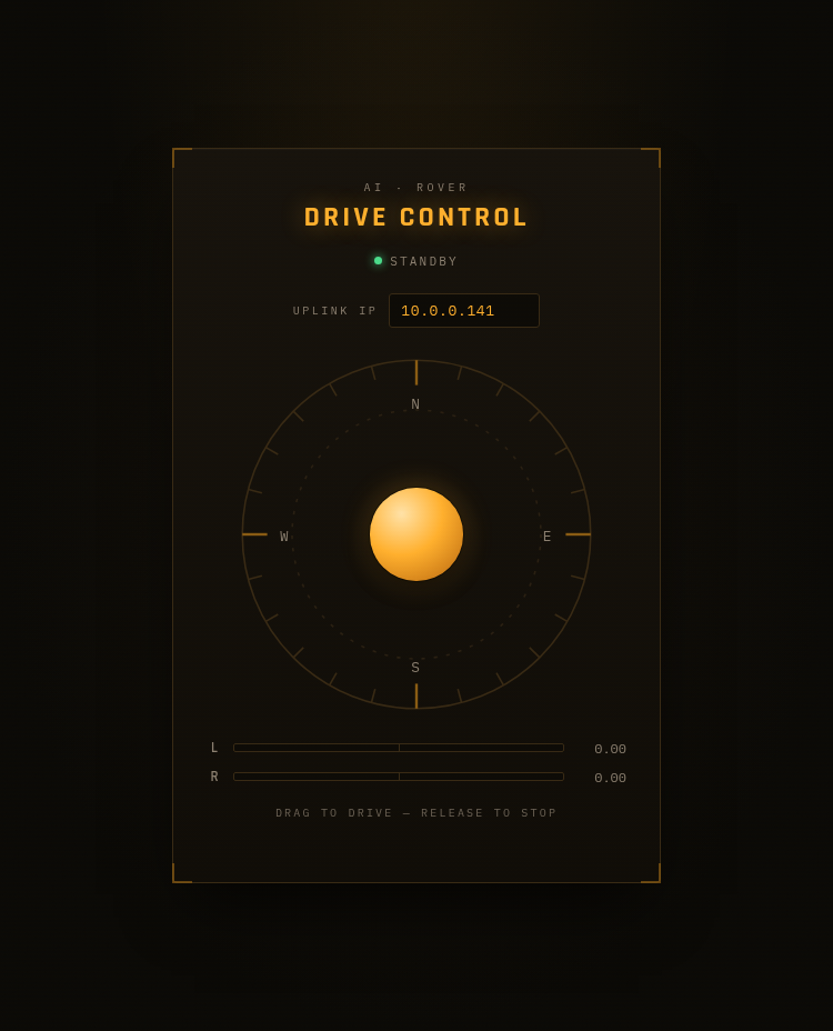 A mission-control-styled browser joystick, amber phosphor HUD, driving the WAVE ROVER