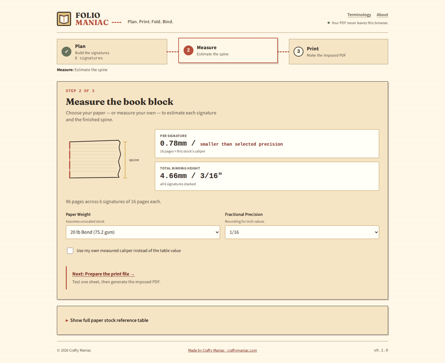 Folio Maniac estimating a 4.66 mm book block for six signatures using 20 lb bond paper