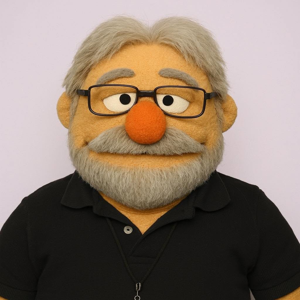 Muppet-style portrait of Rob with grey hair, beard, and glasses