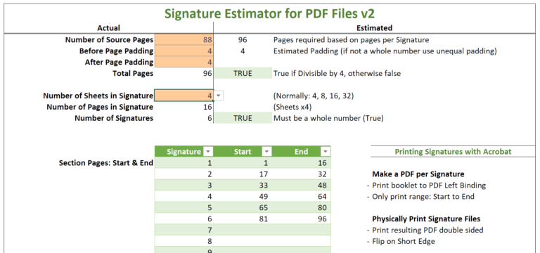 Excel Screenshot of Signature Estimator